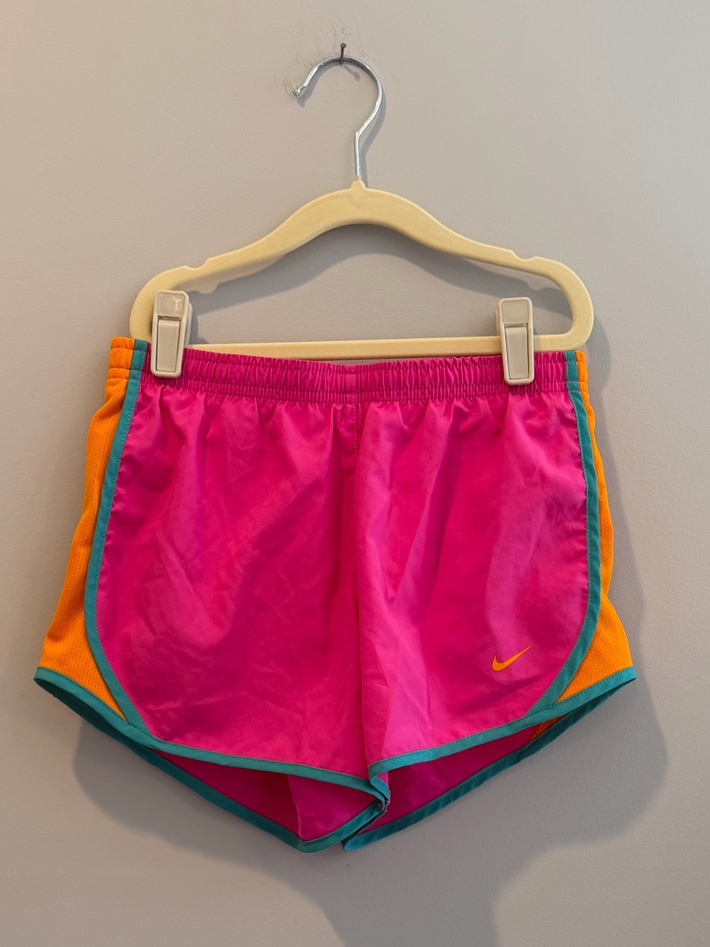 Nike Girl’s Hot Pink Athletic Shorts with Orange Panels - Girls Size Medium